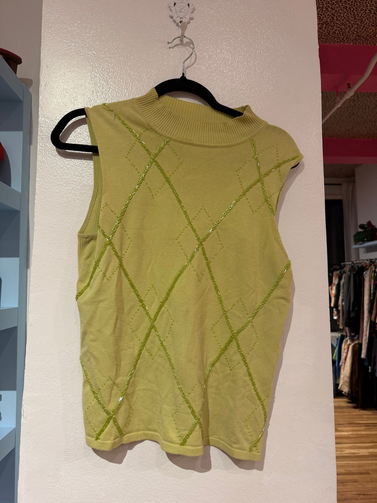 Y2K green beaded sweater vest TUV #35782 size medium