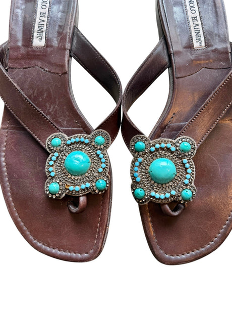 Manolo Blahnik brown sandals with turquoise stone detail (38)