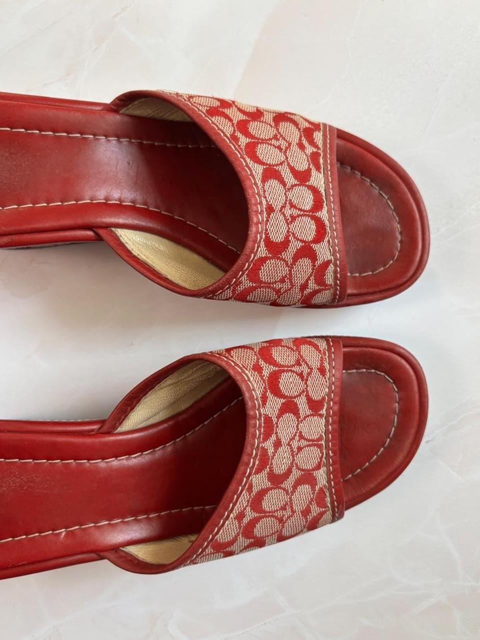Coach US 7 Red Signature C Monogram Canvas Open Toe Platform Wedge Slide