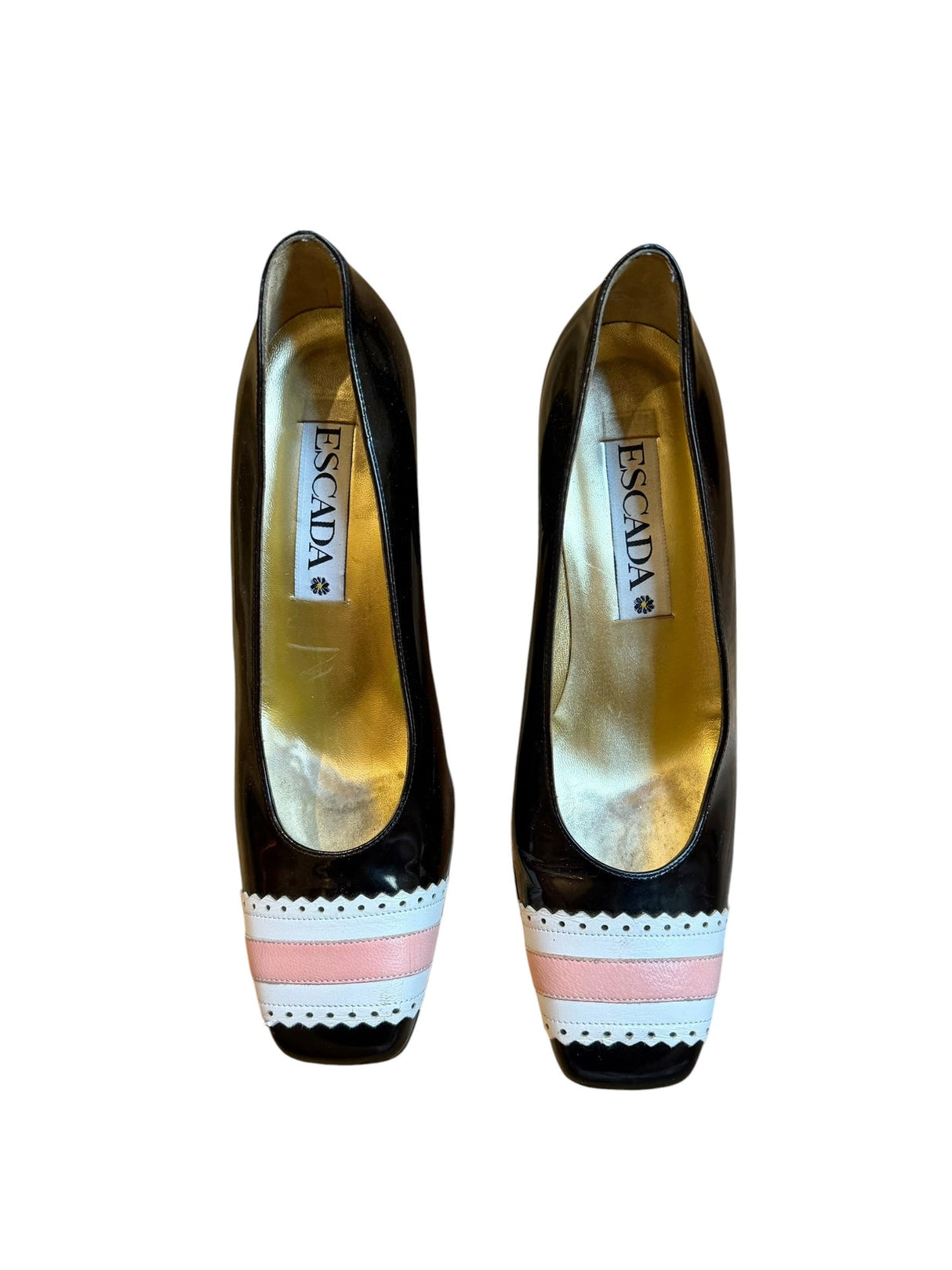 Escada black patent leather heels with white and pink trim detail (8B)