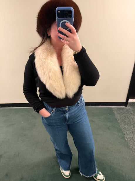 Vintage fox fur black sweater bolero with pearl details on sleeves