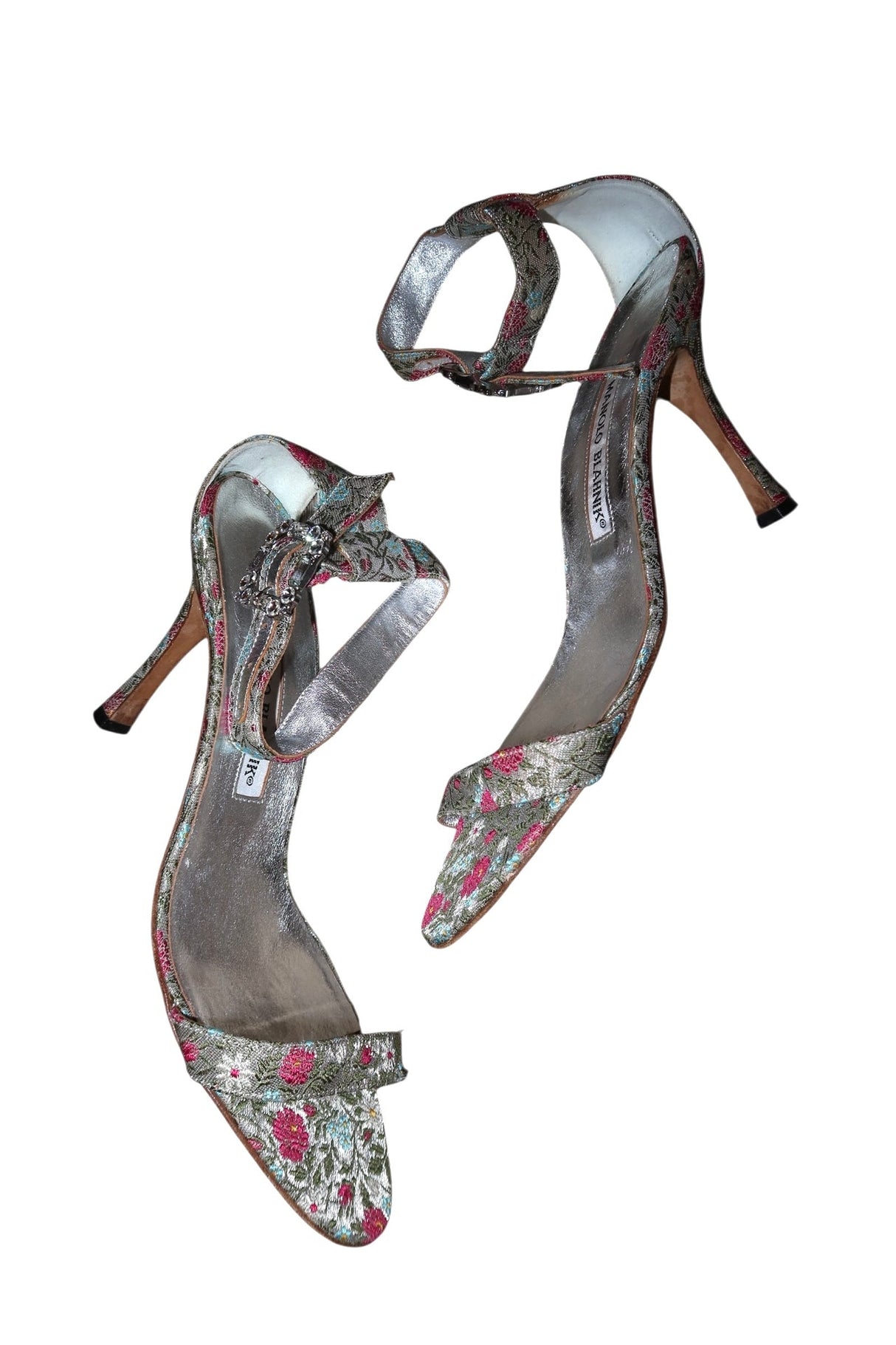 Manolo Blahnik floral print heels with crystal embellished buckle (39)