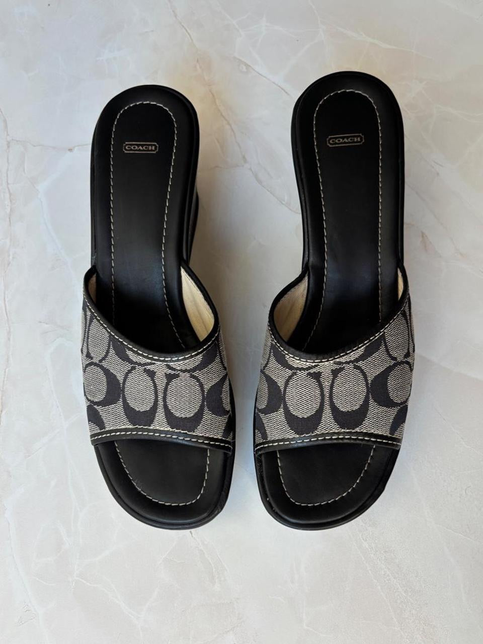 Coach US 10 Black Grey Monogram Canvas Wedge Slide Sandal