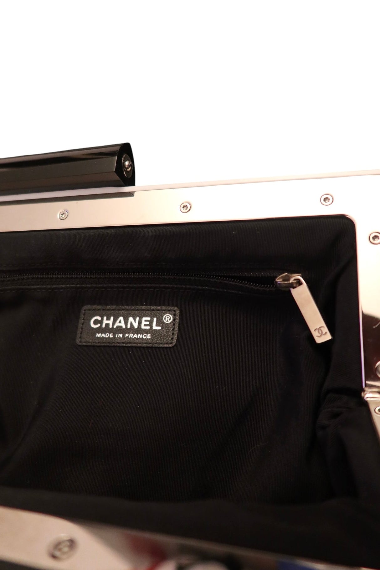 Chanel white leather resin logo clutch bag