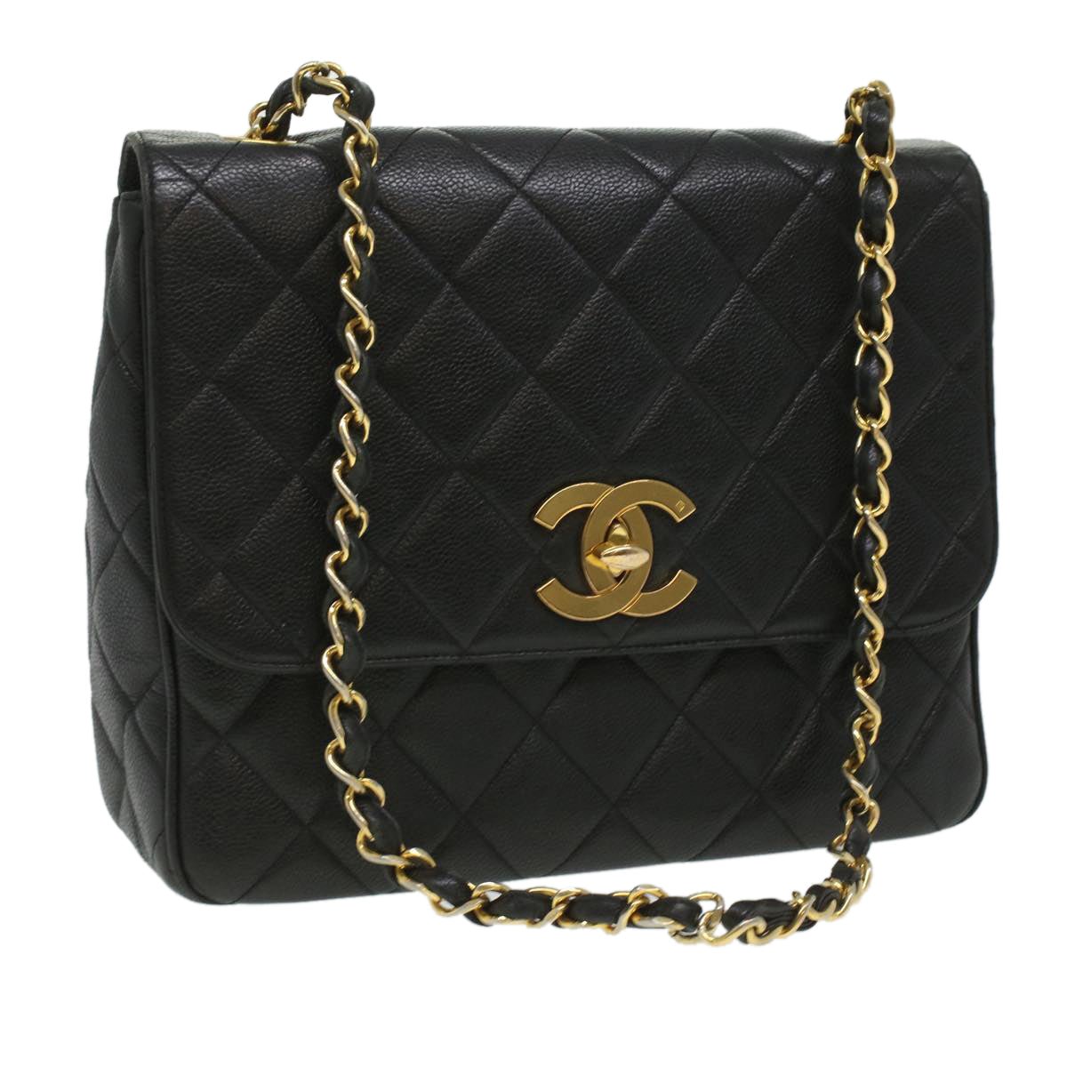 #53 Chanel Big Matelasse Turn Lock Shoulder Bag Caviar Skin Black