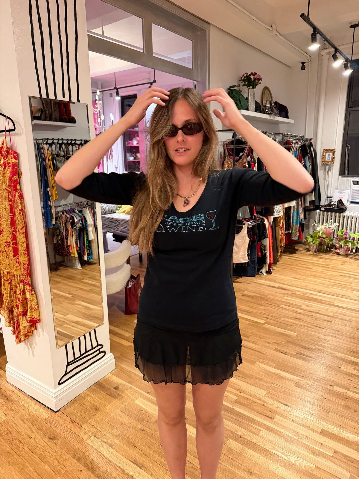Age gets better with wine black bedazzled tee - sku tuv #88775
