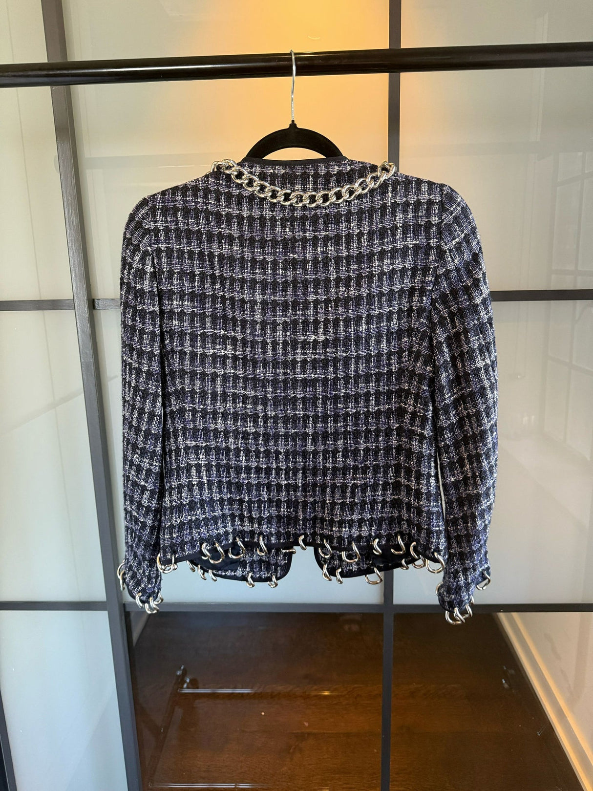 Moschino Navy & White Houndstooth Silver Chain Link Jacket