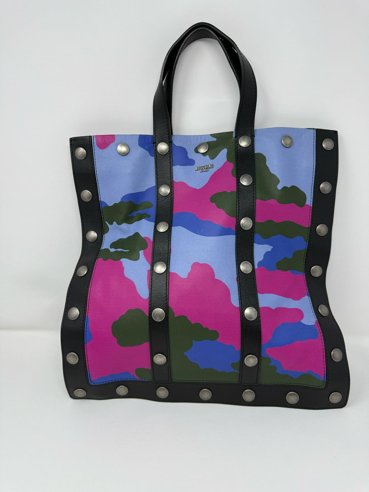 Moschino Blue Pink Black Camo Print Leather Tote Bag