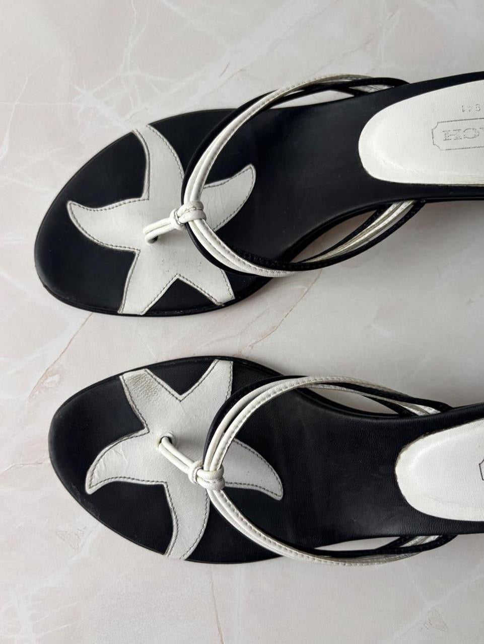 Coach US 8.5 Black and White Leather Open Toe Thong Sandal