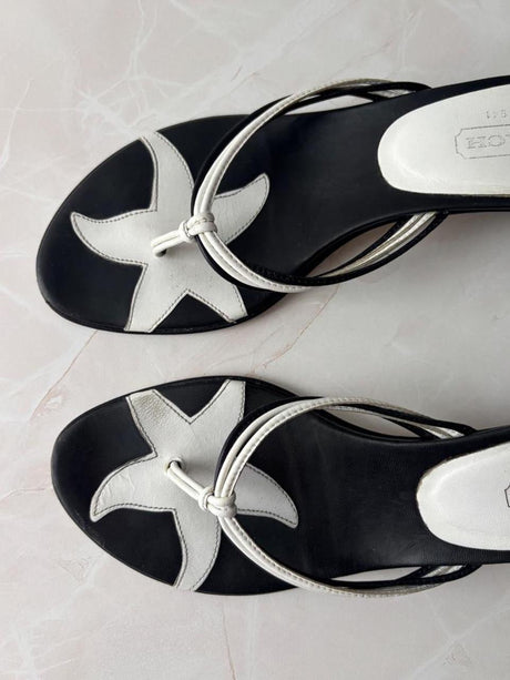Coach US 8.5 Black and White Leather Open Toe Thong Sandal