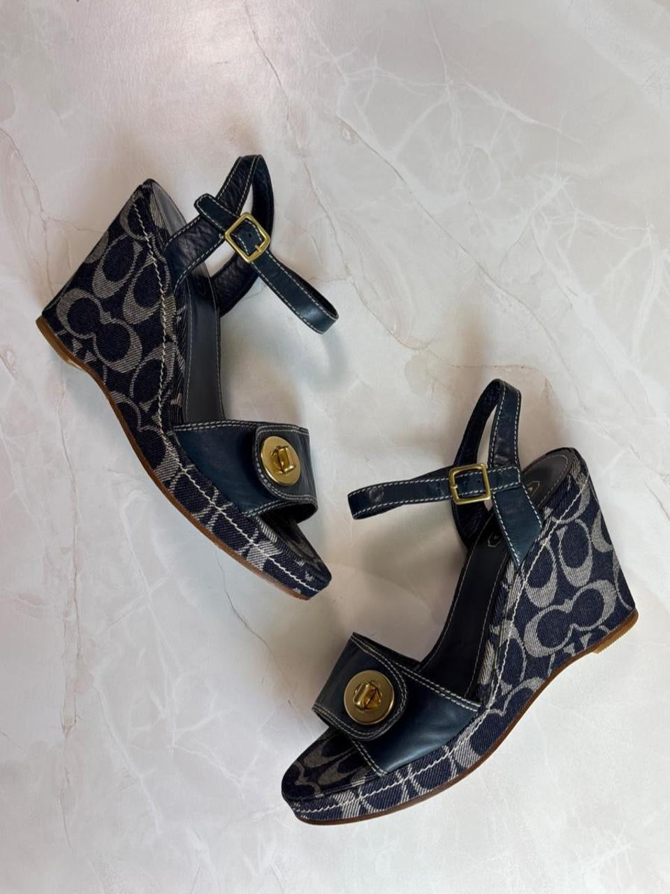 Coach US 8.5 Navy Monogram Canvas Ankle Strap Chunky Platform Wedge