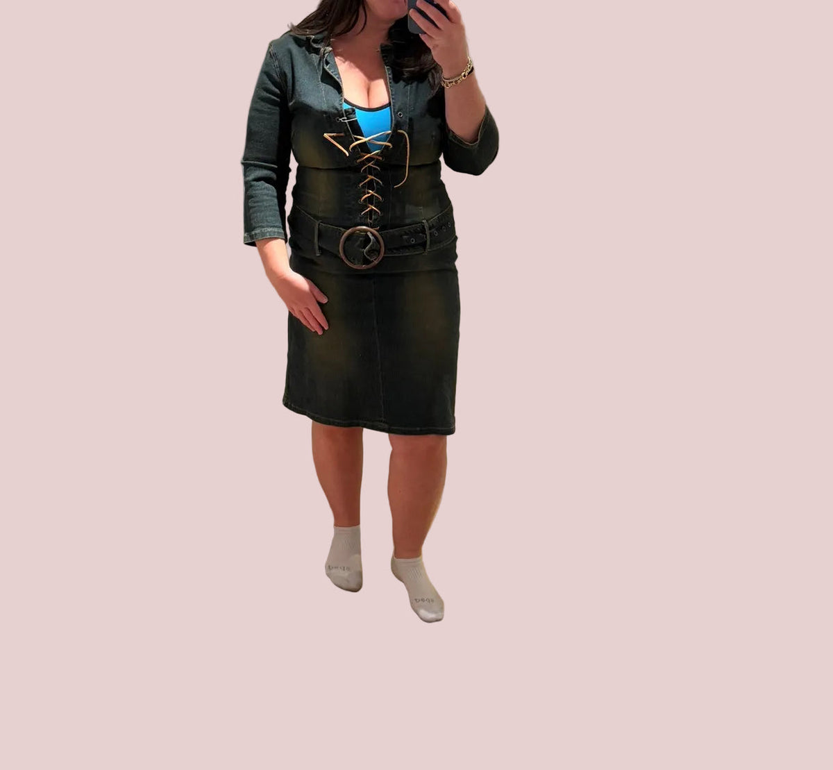 Vintage Y2K Denim dress with leather ties and buckle belt details