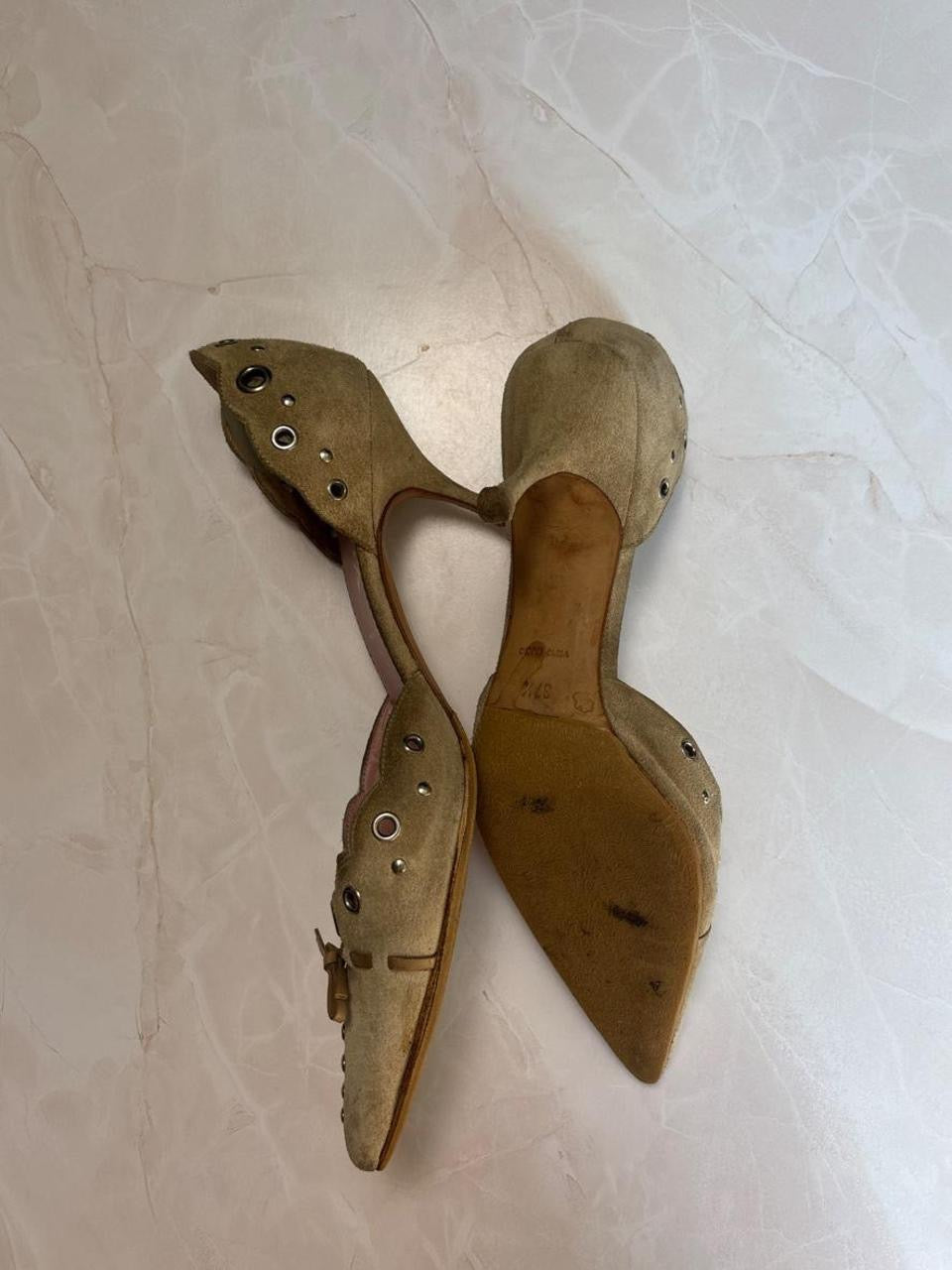 Prada EU 37.5 Authentic Light Brown Suede Pointed Toe Kitten Heel Mule