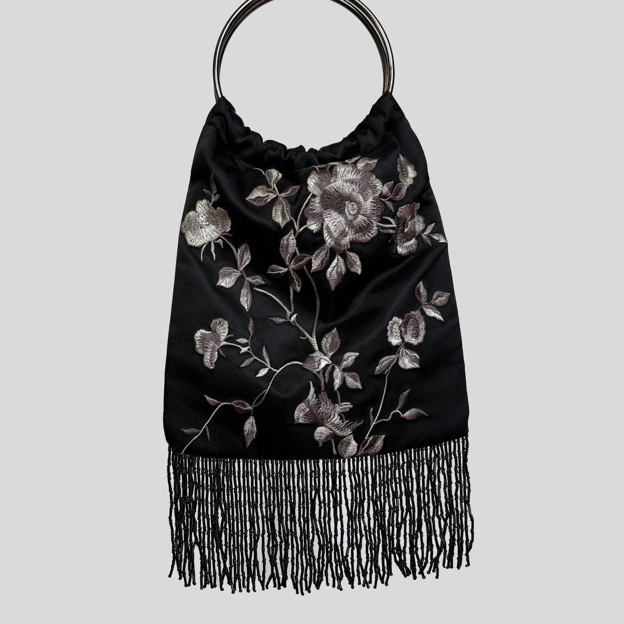 Floral embroidered beaded fringe trim purse in black and grey