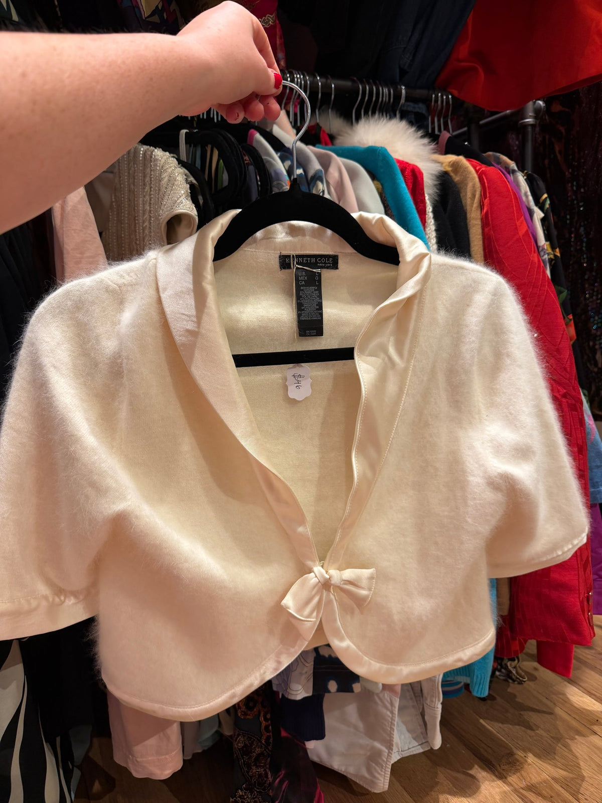 White Kenneth Cole Rabbit fur bolero with satin bow detail - SKU TUV #77812