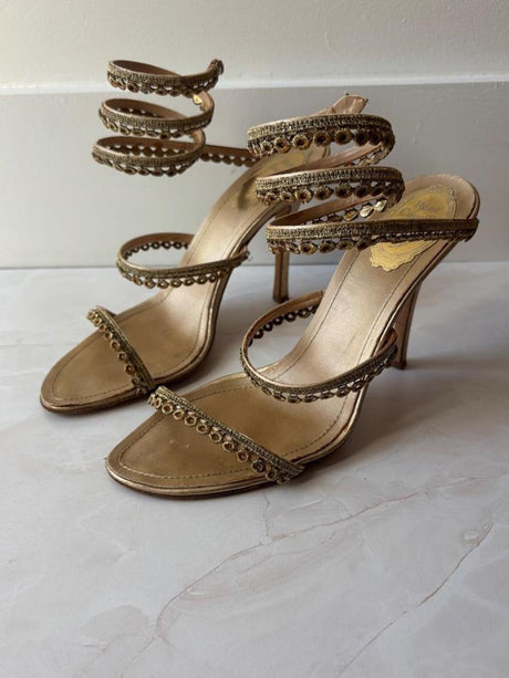 René Caovilla EU 39.5 Gold Satin Beaded Coil Ankle Wrap Stiletto Sandal