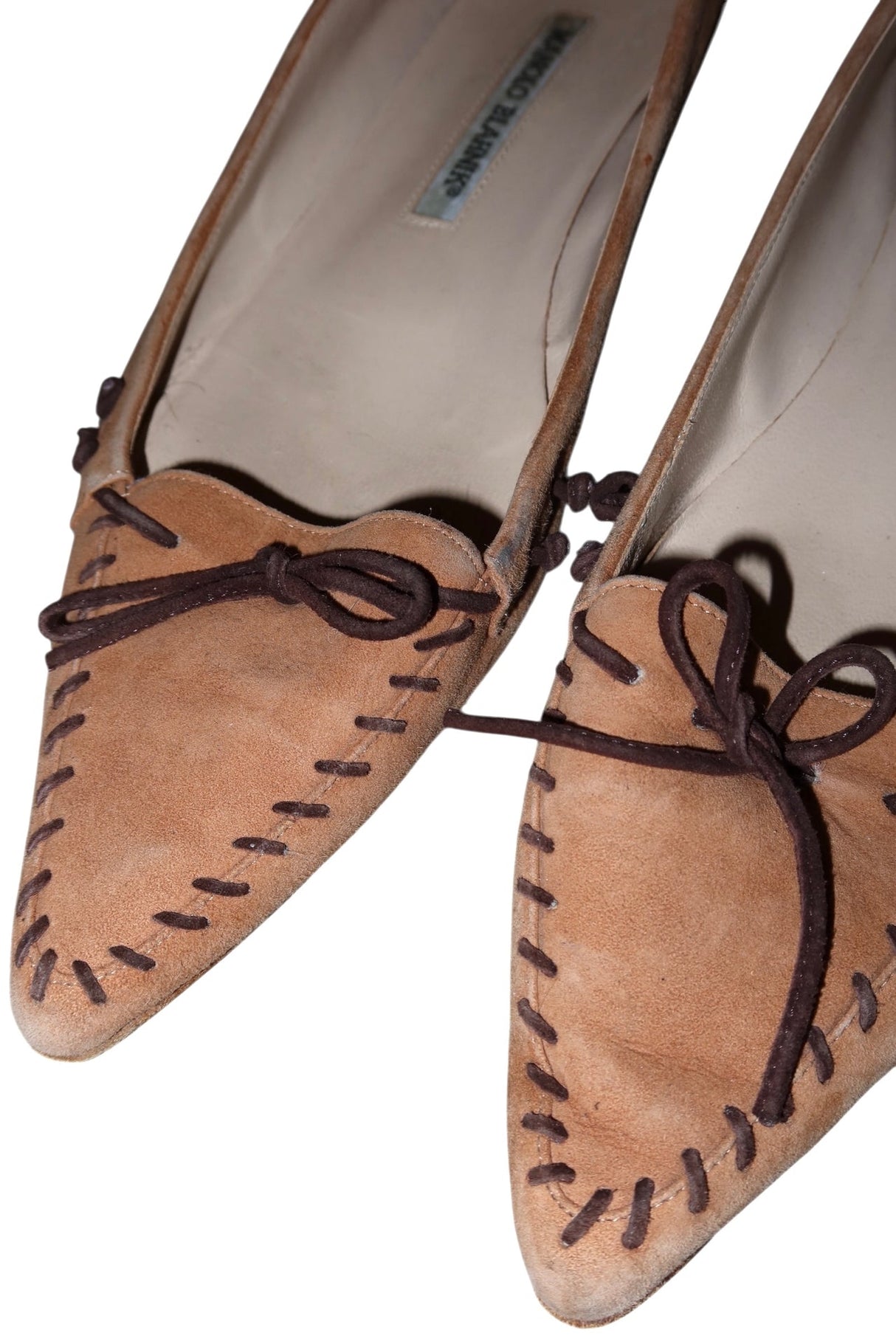 Manolo Blahnik camel suede flats with brown bows and details (38.5)
