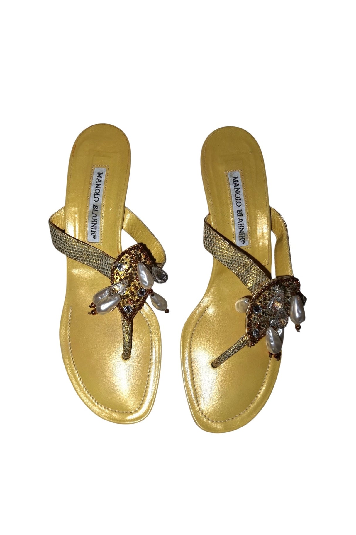 Manolo Blahnik yellow pearl and lizard sandal heels (38.5)