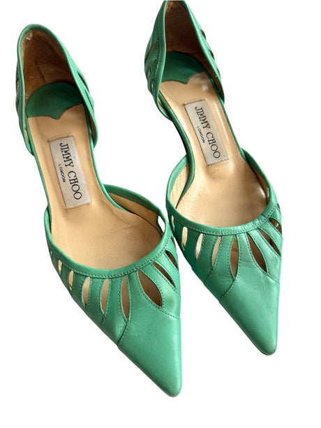 Jimmy Choo teal leather cutout kitten heels (35.5)
