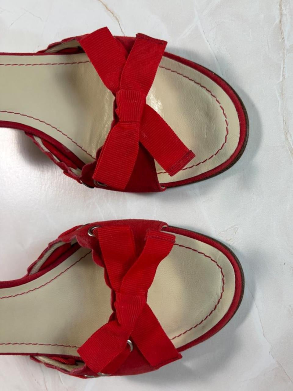 Coach US 6.5 Cherry Red Suede Bow Open Toe Kitten Heel Mule