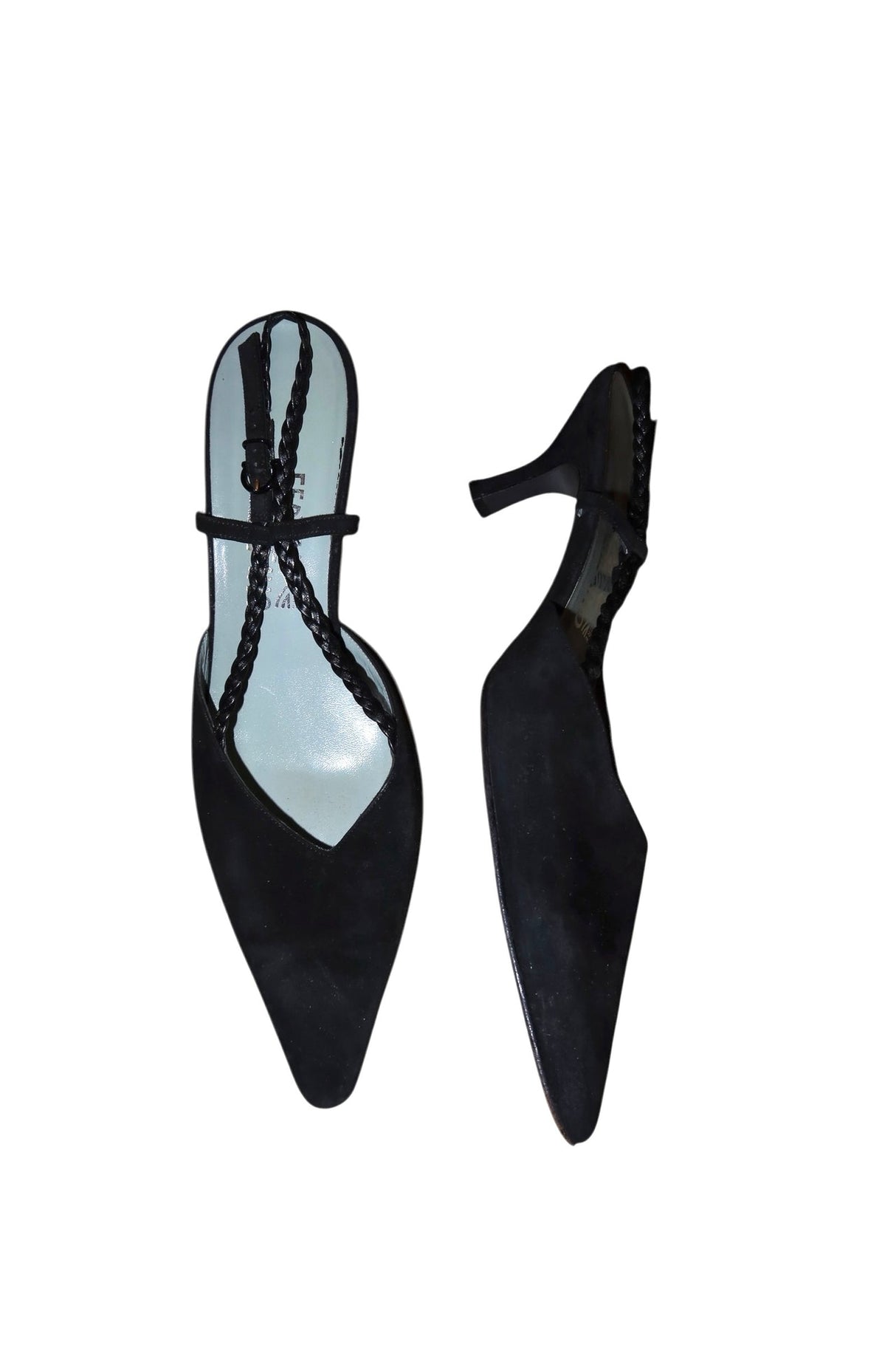 Salvatore Ferragamo black suede heels with braided slingback detail (10)