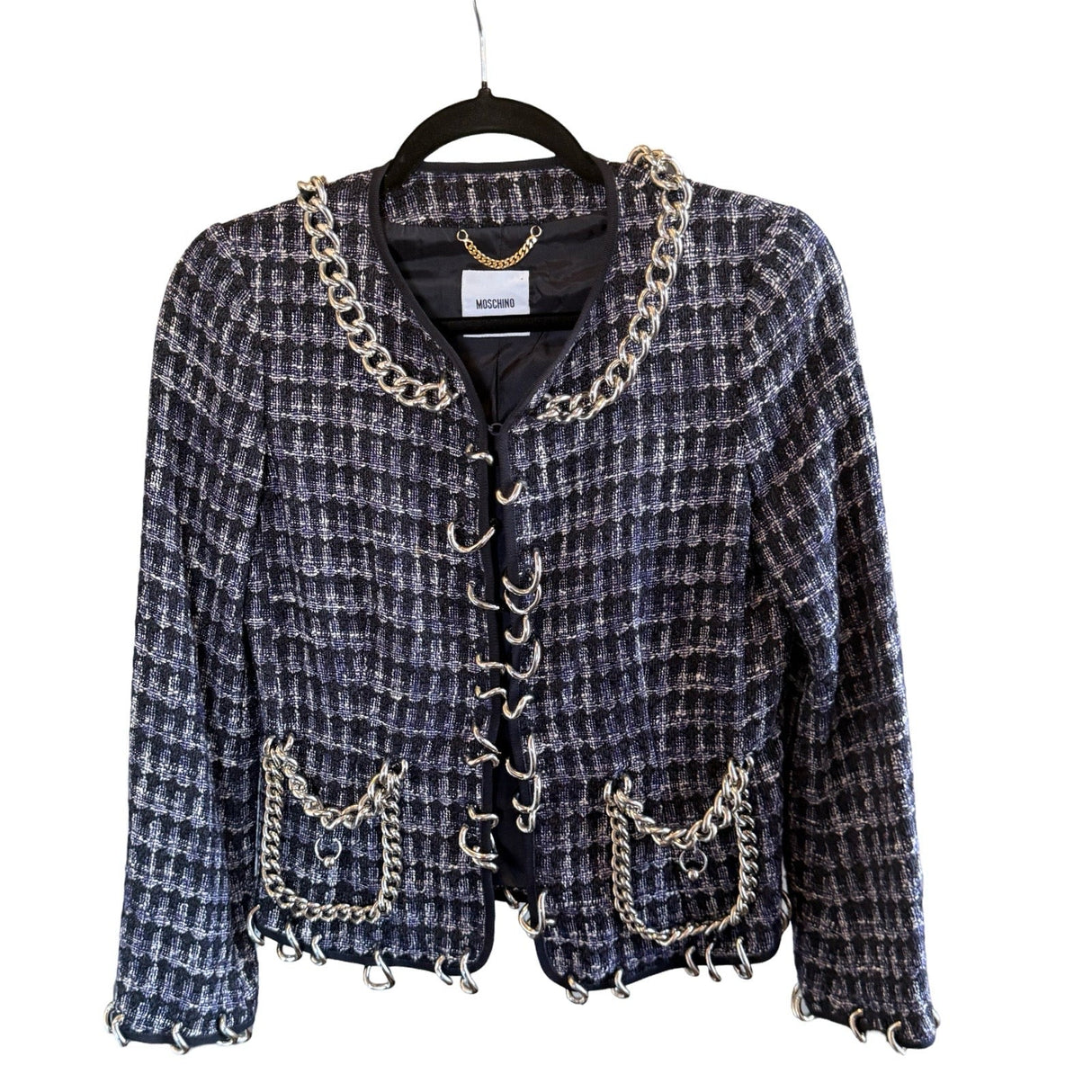 Moschino Navy & White Houndstooth Silver Chain Link Jacket