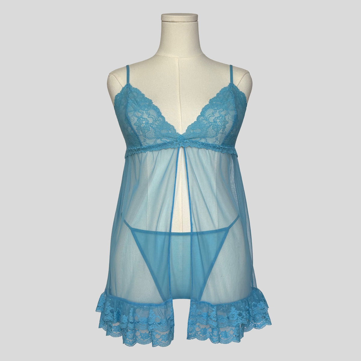 Mesh ruffled lace split front babydoll with matching panties