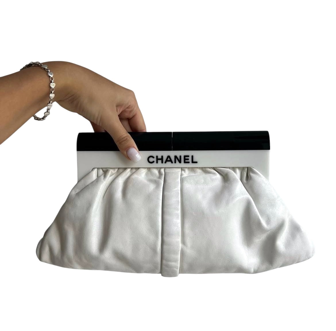 Chanel white leather resin logo clutch bag