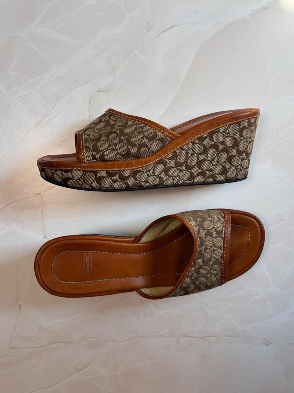 Coach US 7 Tan Brown Monogram Canvas Wedge Slide Sandal
