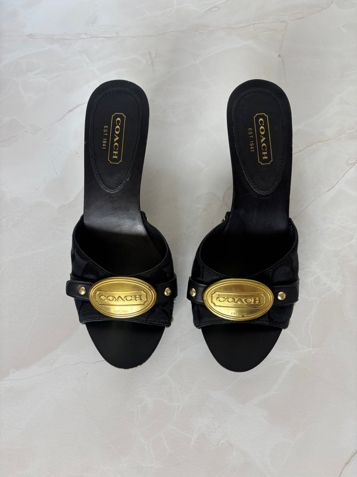 Coach US 8 Black Fabric and Leather Block Heel Mule