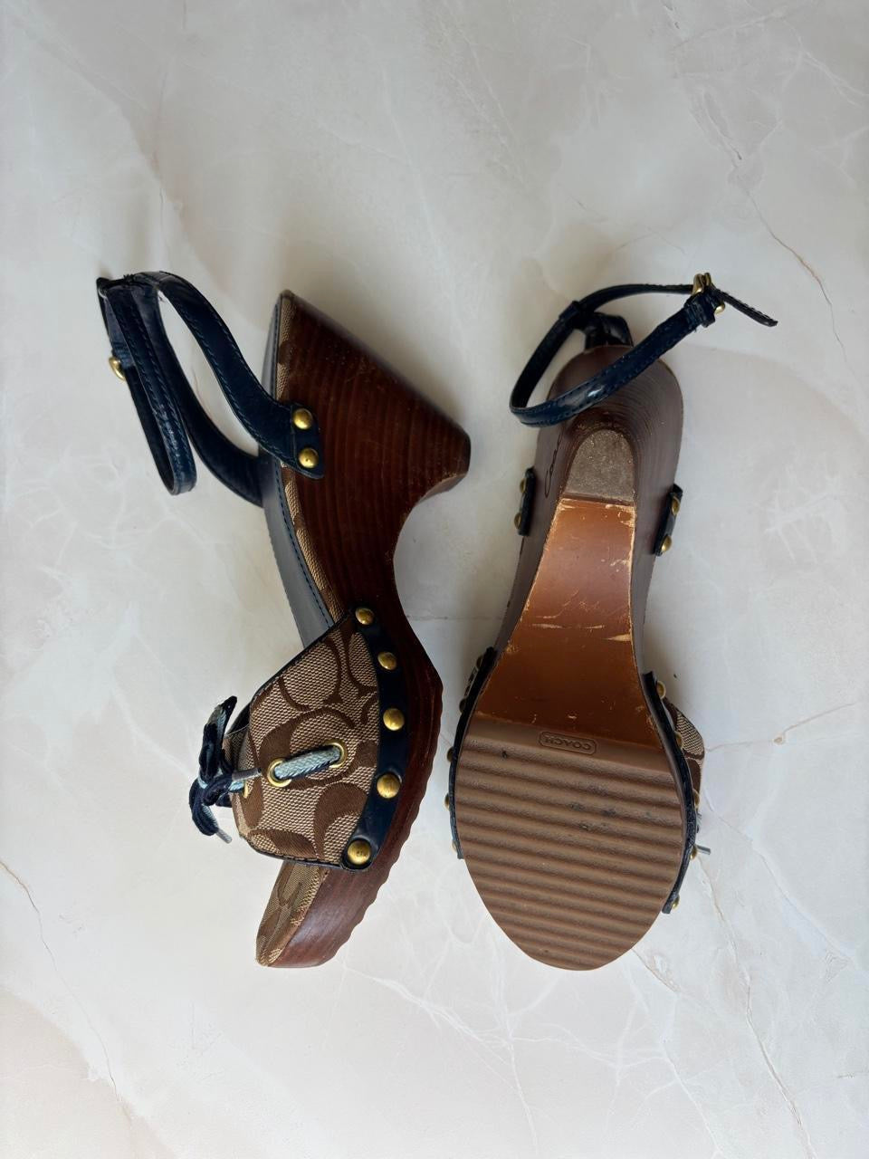 Coach US 9 Tan/brown Monogram C Canvas Open Toe Wooden Wedge