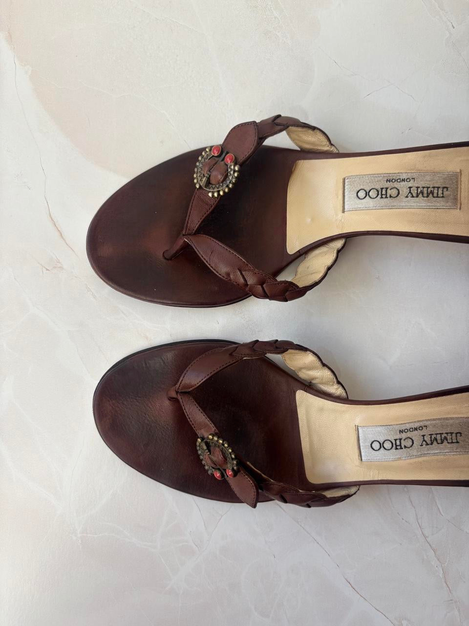 Jimmy Choo EU 39.5 Brown Leather Braided Thong Kitten Heel Sandal
