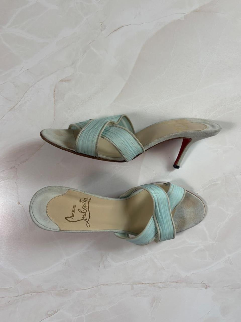 EU 36.5 Louboutin Light Blue Pleated Crisscross Mule Sandal