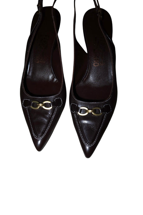 Salvatore Ferragamo brown slingback heels with gold accents (8.5B)