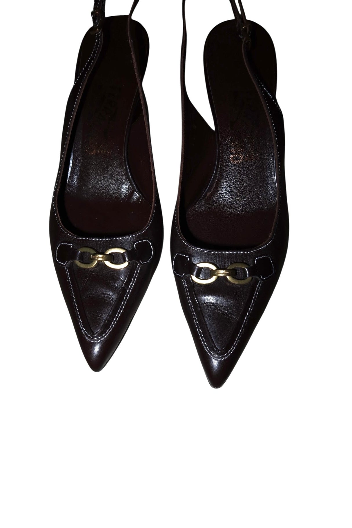 Salvatore Ferragamo brown slingback heels with gold accents (8.5B)