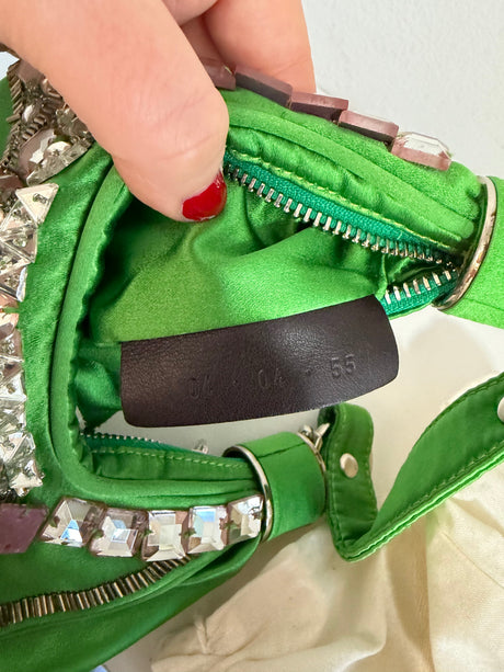 Rare Archival Chloé “Bracelet Bag” in Green Satin with hand stitched crystal beaded details