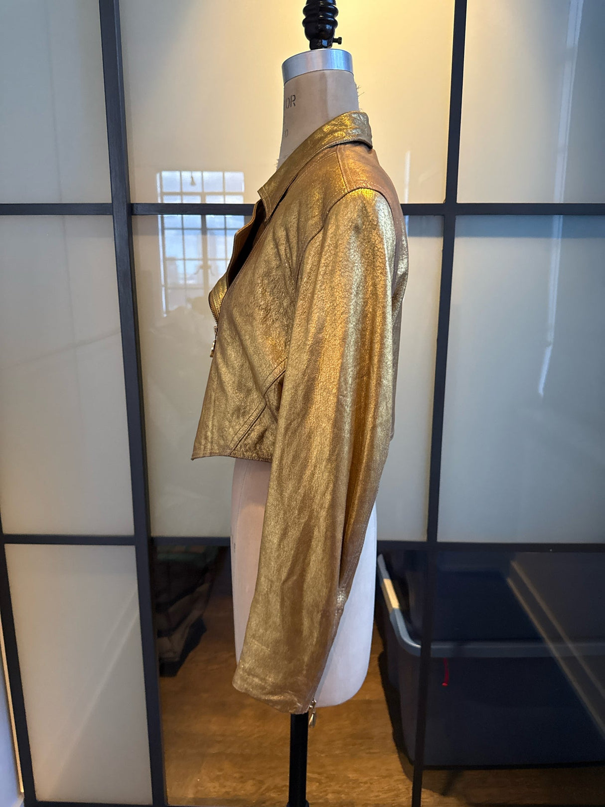 Donna Karan Gold Leather Sz 8 Cropped Bomber Biker Jacket Vintage