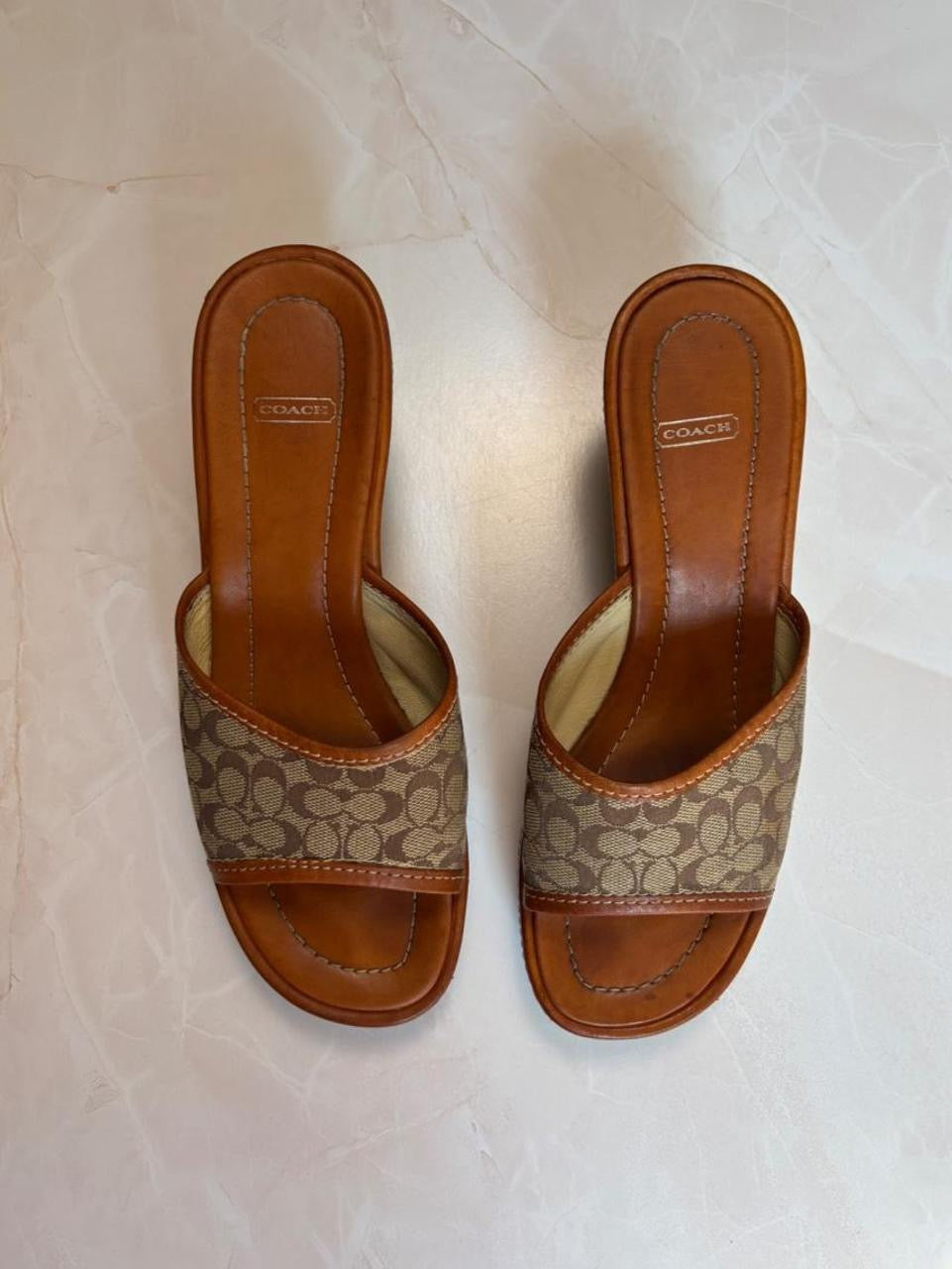 Coach US 7 Tan Brown Monogram Canvas Wedge Slide Sandal
