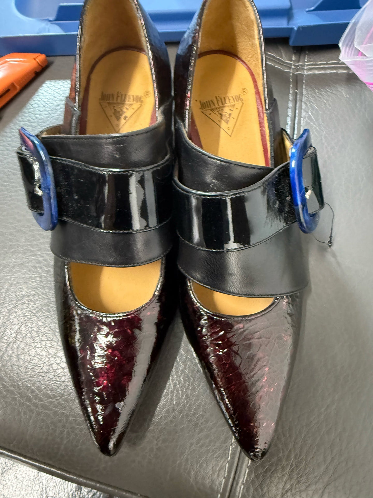 John Fluevog 6 Black & Blue Burgundy Loafers