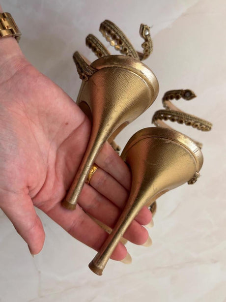 René Caovilla EU 39.5 Gold Satin Beaded Coil Ankle Wrap Stiletto Sandal