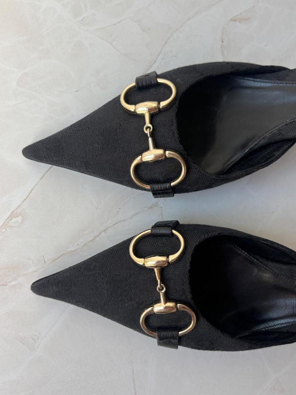 Gucci US 6 Black GG Monogram Canvas Pointed Toe Mule