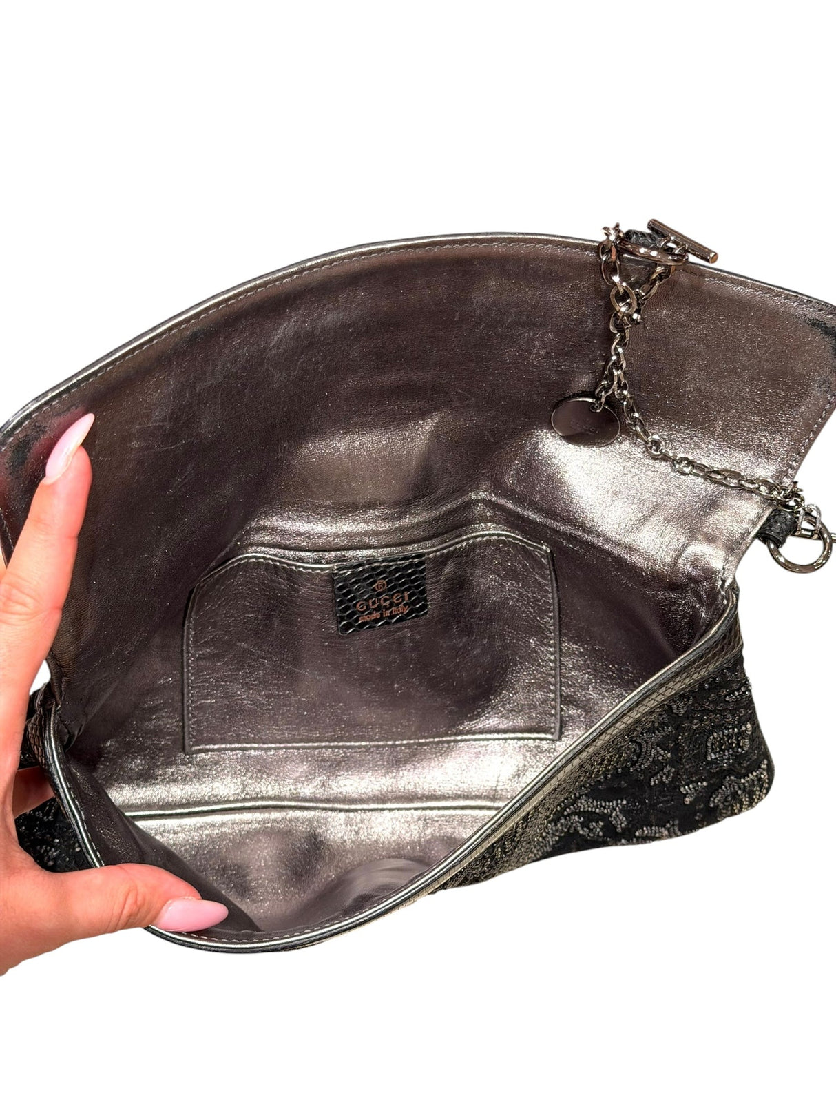 Gucci limited edition black beaded silver belt buckle clutch