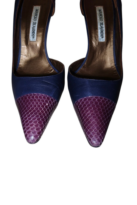 Manolo Blahnik blue leather and purple snakeskin toe heels (39.5)