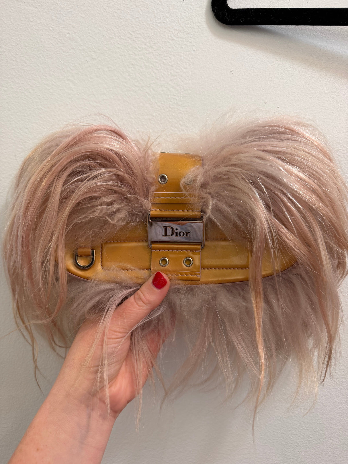 Rare Dior by John Galliano FW 2003 Pink Mongolian fur & Patent Leather Columbus Clutch - runway piece - TUV #88885