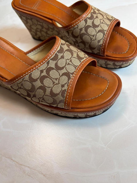 Coach US 7 Tan Brown Monogram Canvas Wedge Slide Sandal