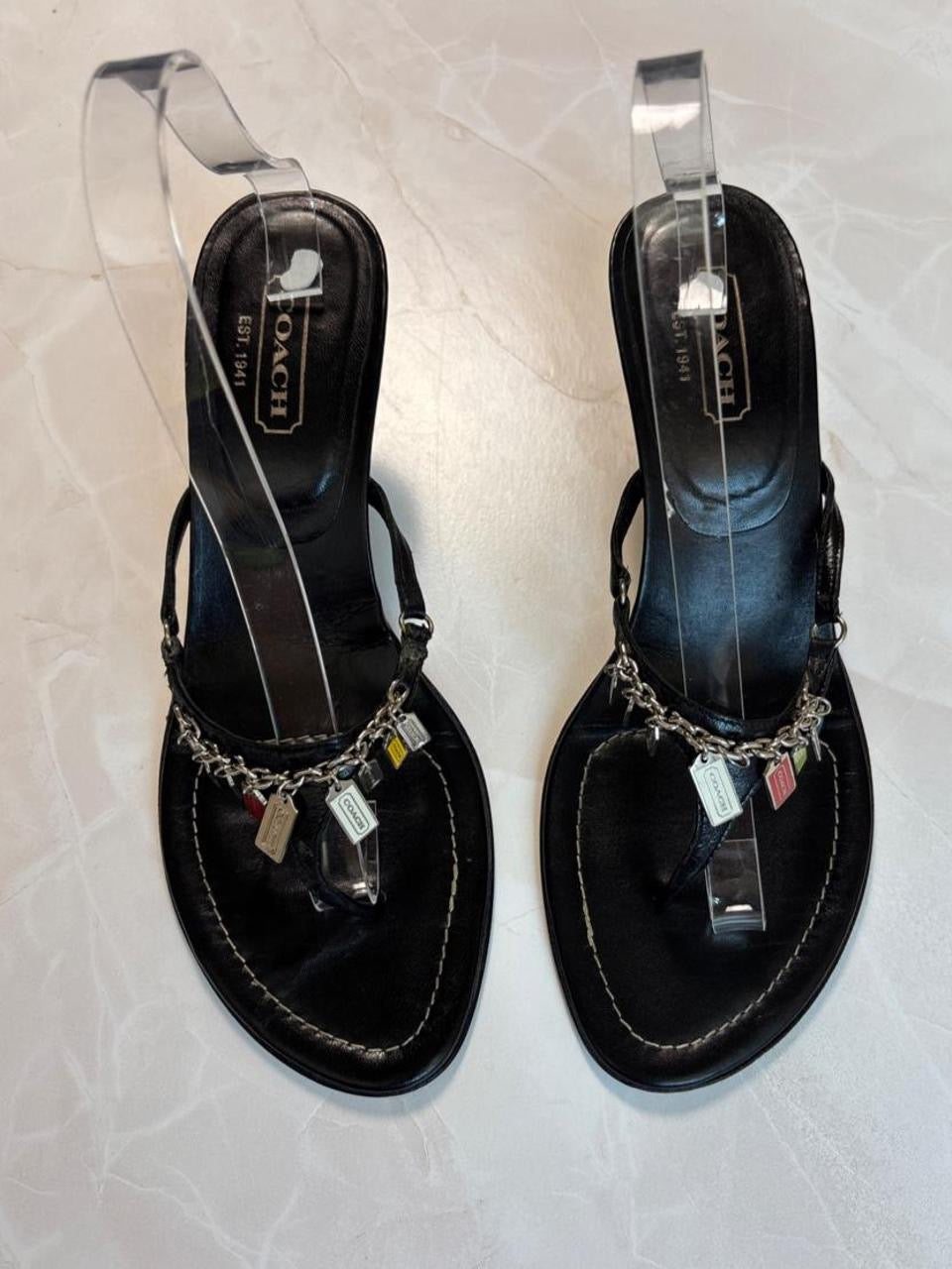 Coach US 9.5 Black Leather Thong Sandal Kitten Heel