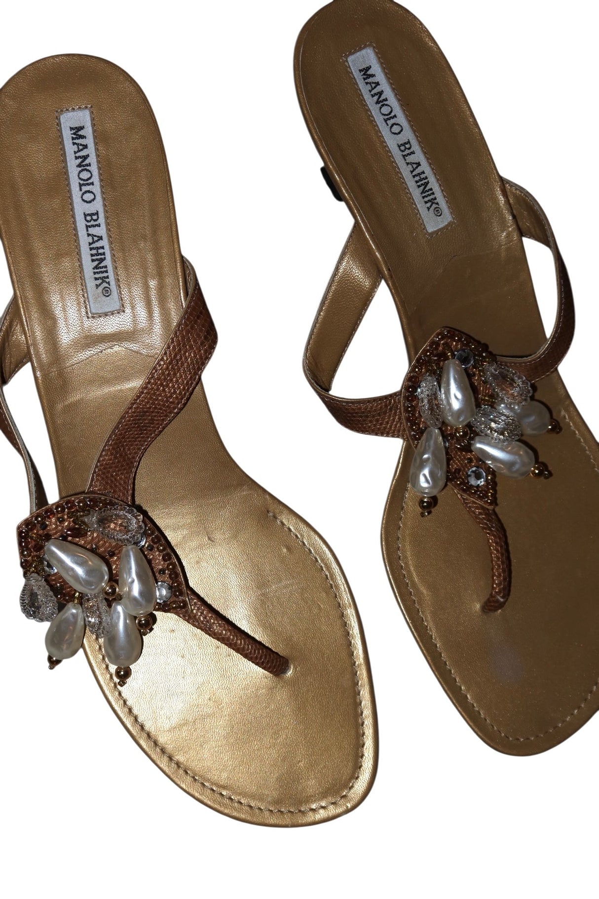 Manolo Blahnik gold pearls and lizard sandal heels (39.5)