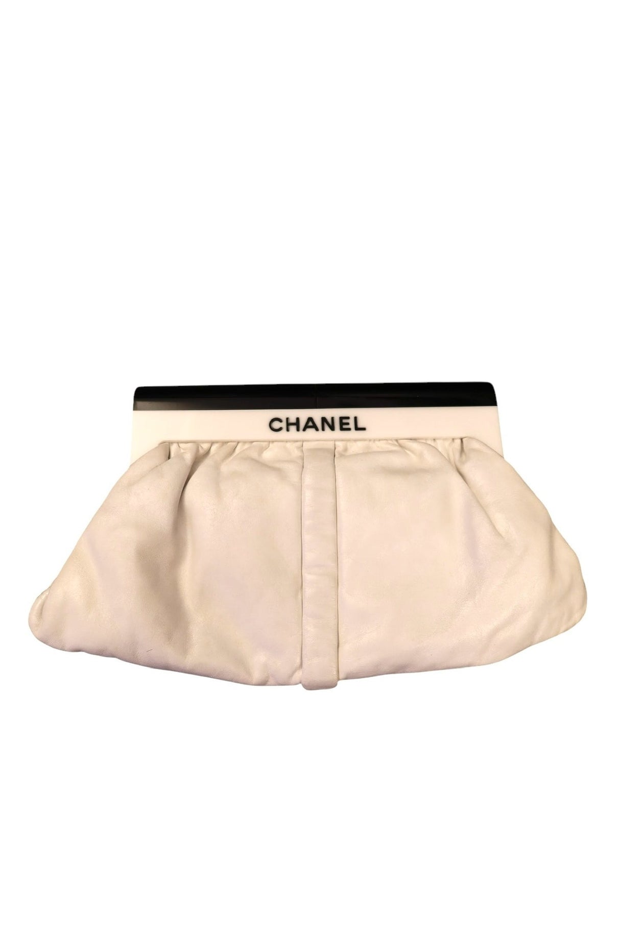 Chanel white leather resin logo clutch bag