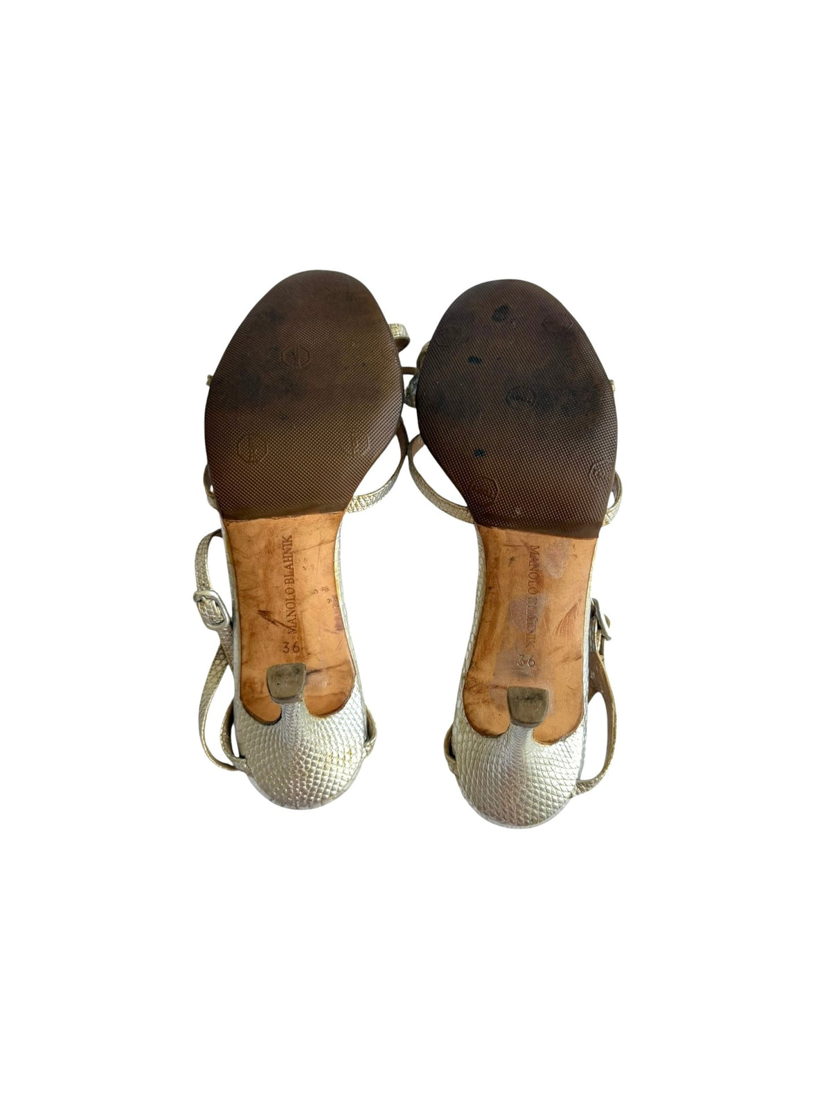 Manolo Blahnik silver lizard embossed strappy heels (36)