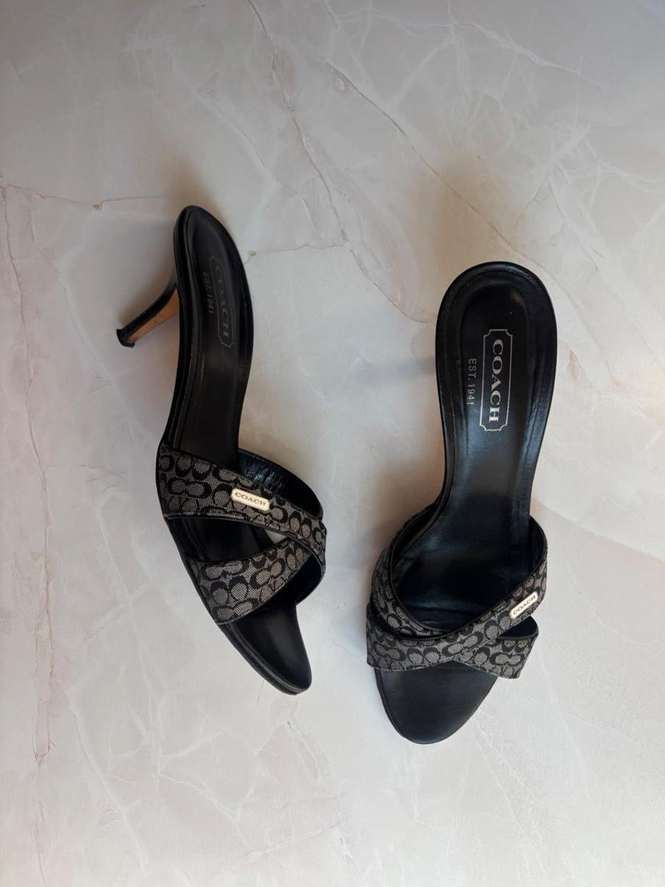 Coach US 7.5 Black Monogram Jacquard Mule